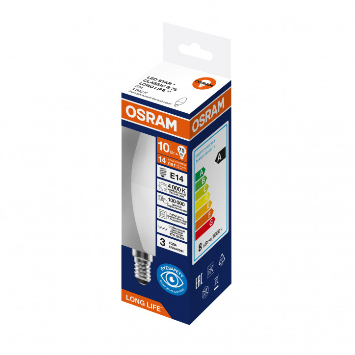 Лампа светодиодная 10Вт 806Лм 4000К Е14 свеча 170-250В OSRAM LONG LIFE Лампа светодиодная 10Вт 806Лм 4000К Е14 свеча 170-250В OSRAM LONG LIFE