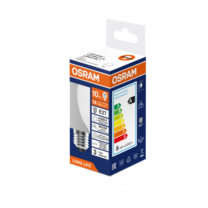 Лампа светодиодная 10Вт 806Лм 4000К Е27 шар 170-250В OSRAM LONG LIFE Лампа светодиодная 10Вт 806Лм 4000К Е27 шар 170-250В OSRAM LONG LIFE