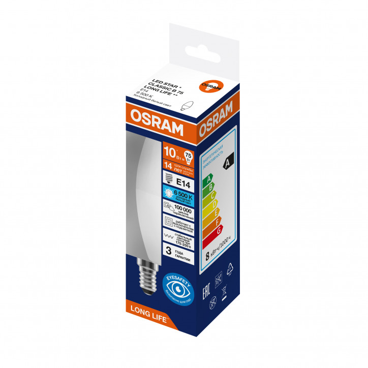 Лампа светодиодная 10Вт 806Лм 6500К Е14 свеча 170-250В OSRAM LONG LIFE Лампа светодиодная 10Вт 806Лм 6500К Е14 свеча 170-250В OSRAM LONG LIFE
