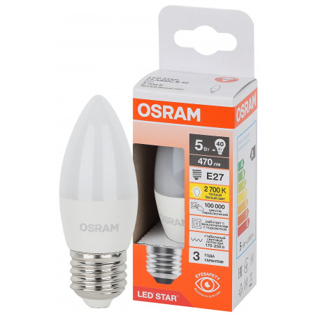 Лампа светодиодная LED Star Свеча 5Вт (замена 40Вт), 470Лм, 2700К, цоколь E27 OSRAM