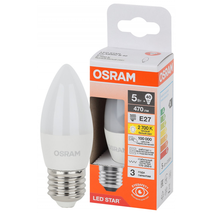 Лампа светодиодная LED Star Свеча 5Вт (замена 40Вт), 470Лм, 2700К, цоколь E27 OSRAM Лампа светодиодная LED Star Свеча 5Вт (замена 40Вт), 470Лм, 2700К, цоколь E27 OSRAM