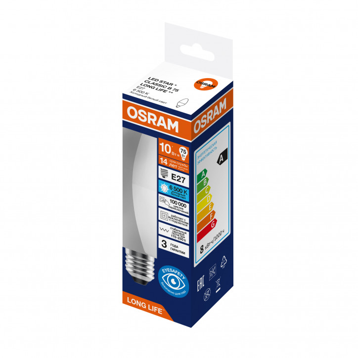 Лампа светодиодная 10Вт 806Лм 6500К Е27 свеча 170-250В OSRAM LONG LIFE Лампа светодиодная 10Вт 806Лм 6500К Е27 свеча 170-250В OSRAM LONG LIFE