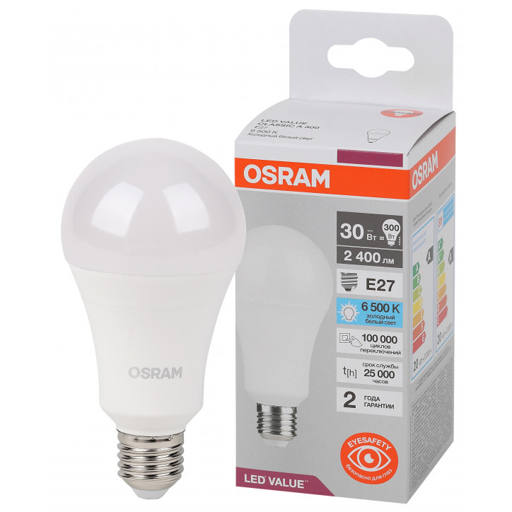 Лампа светодиодная LED Value Грушевидная 30Вт (замена 300Вт), 2400Лм, 6500К, цоколь E27 OSRAM Лампа светодиодная LED Value Грушевидная 30Вт (замена 300Вт), 2400Лм, 6500К, цоколь E27 OSRAM