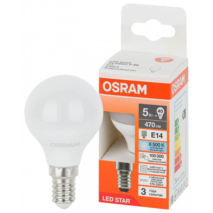 Лампа светодиодная LED Star Шарообразная 5Вт (зам на 40Вт), 470Лм, 6500К, цоколь E14 OSRAM Лампа светодиодная LED Star Шарообразная 5Вт (зам на 40Вт), 470Лм, 6500К, цоколь E14 OSRAM