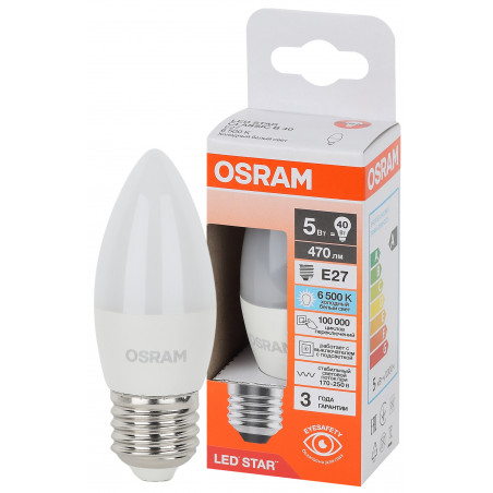 Лампа светодиодная LED Star Свеча 5Вт (замена 40Вт), 470Лм, 6500К, цоколь E27 OSRAM