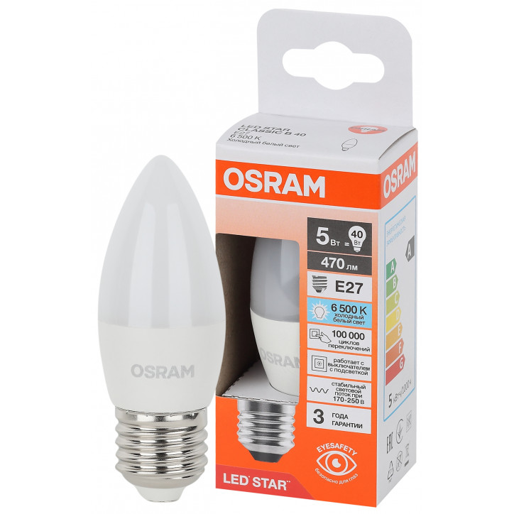 Лампа светодиодная LED Star Свеча 5Вт (замена 40Вт), 470Лм, 6500К, цоколь E27 OSRAM Лампа светодиодная LED Star Свеча 5Вт (замена 40Вт), 470Лм, 6500К, цоколь E27 OSRAM