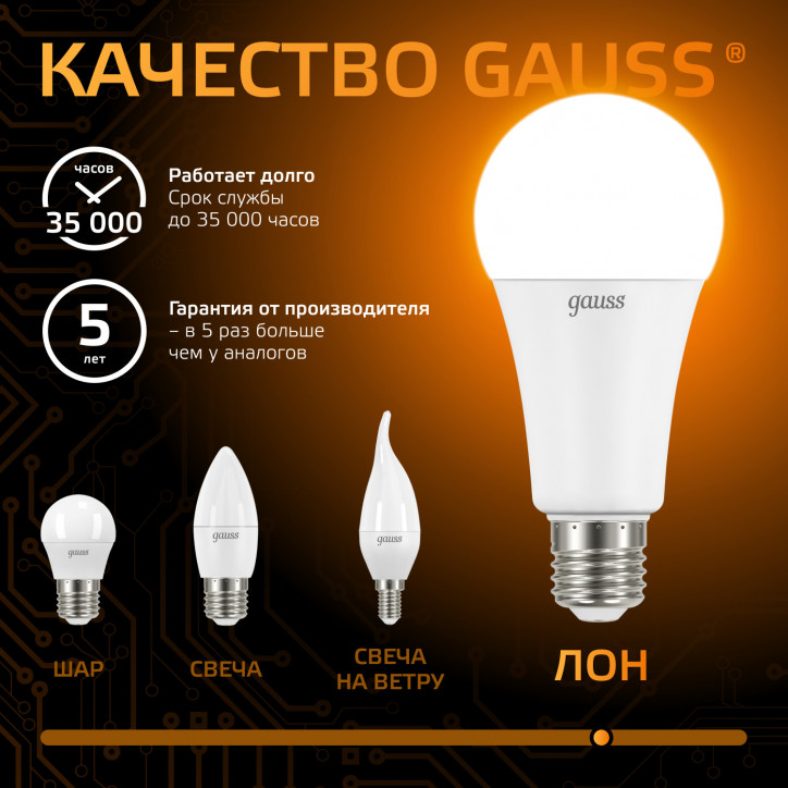 Лампа светодиодная LED 16 Вт 1440 лм 3000К А60 груша теплый E27 AC 220В Black Gauss