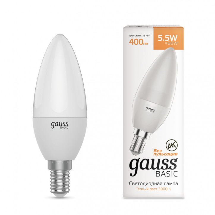 Лампа светодиодная LED 5.5 Вт 410 лм 3000К свеча теплый E14 AC 220В Basic Gauss Лампа светодиодная LED 5.5 Вт 410 лм 3000К свеча теплый E14 AC 220В Basic Gauss