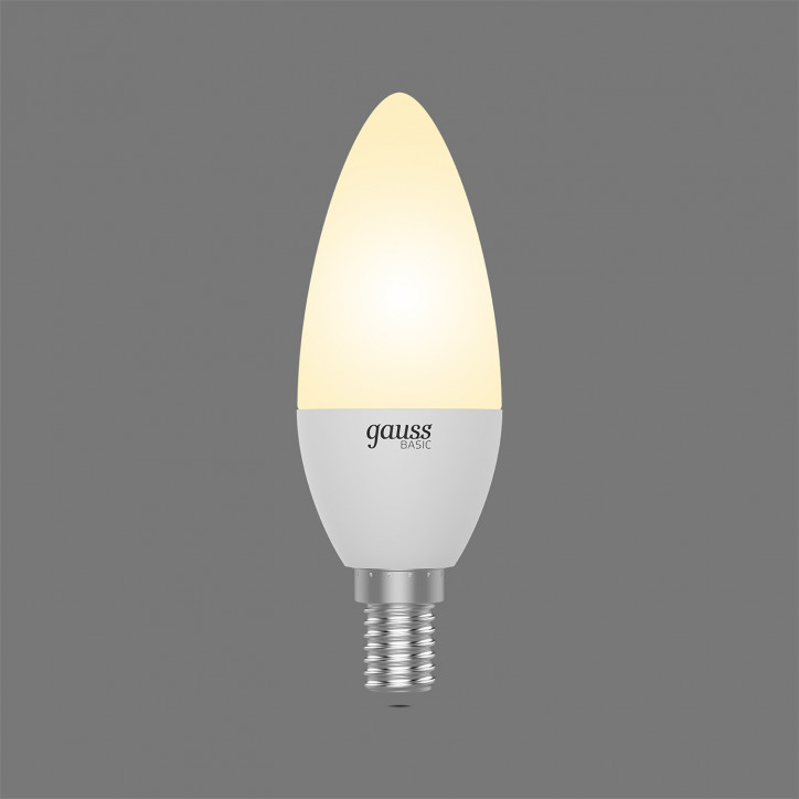 Лампа светодиодная LED 5.5 Вт 410 лм 3000К свеча теплый E14 AC 220В Basic Gauss Лампа светодиодная LED 5.5 Вт 410 лм 3000К свеча теплый E14 AC 220В Basic Gauss