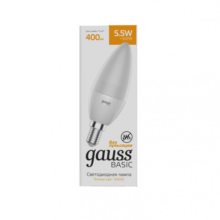 Лампа светодиодная LED 5.5 Вт 410 лм 3000К свеча теплый E14 AC 220В Basic Gauss Лампа светодиодная LED 5.5 Вт 410 лм 3000К свеча теплый E14 AC 220В Basic Gauss