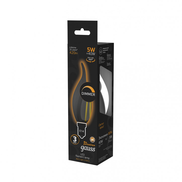 Лампа Gauss Filament Свеча на ветру 5W 420lm 2700К Е14 диммируемая LED 1/10/50