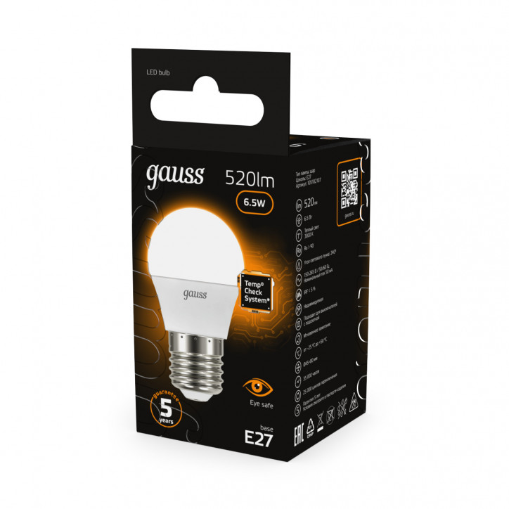 Лампа светодиодная LED 6.5 Вт 520 лм 3000К шар P45 теплый E27 AC 220В Black Gauss Лампа светодиодная LED 6.5 Вт 520 лм 3000К шар P45 теплый E27 AC 220В Black Gauss