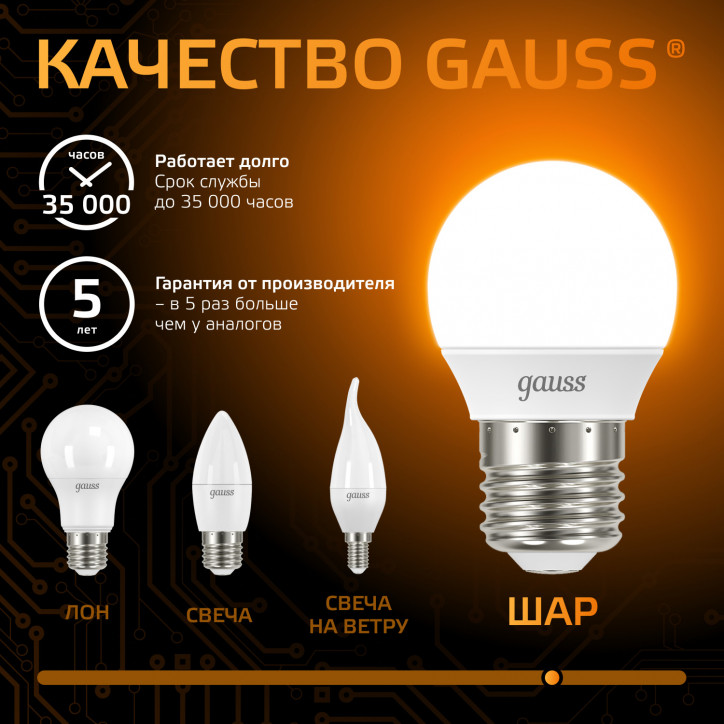 Лампа светодиодная LED 6.5 Вт 520 лм 3000К шар P45 теплый E27 AC 220В Black Gauss Лампа светодиодная LED 6.5 Вт 520 лм 3000К шар P45 теплый E27 AC 220В Black Gauss