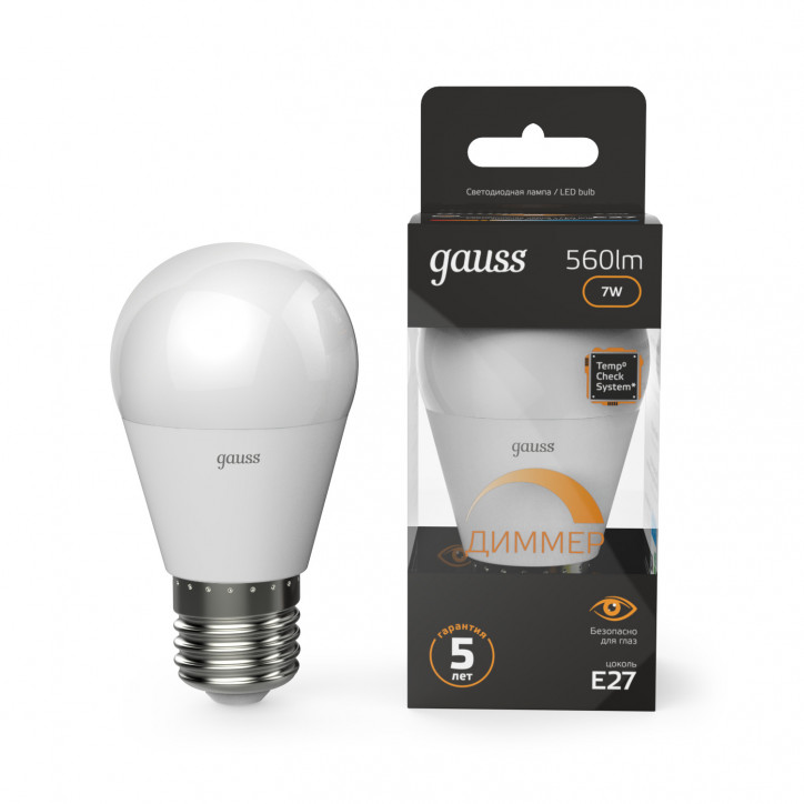 Лампа Gauss Шар 7W 560lm 3000К Е27 диммируемая LED 1/10/100