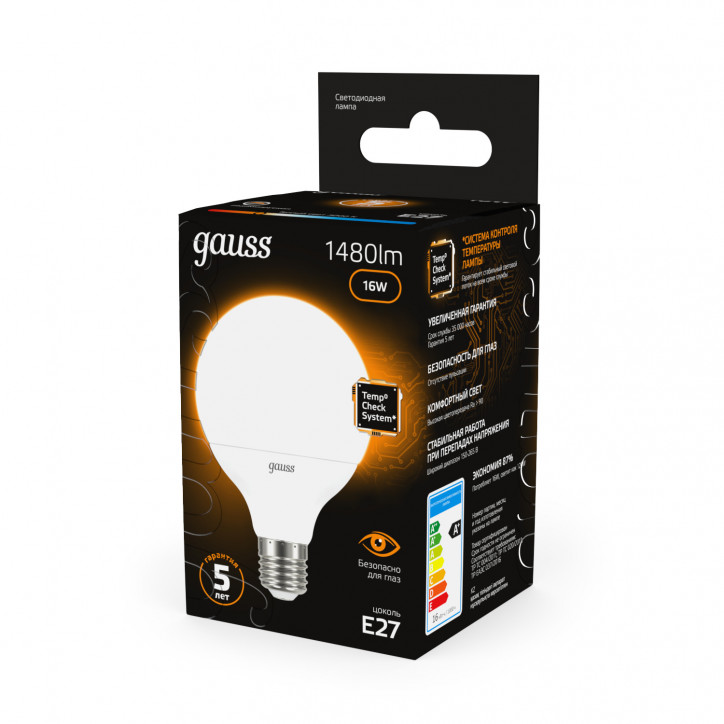 Лампа светодиодная LED 16 Вт 1480 лм 3000К шар G95 теплый E27 AC 220В Black Gauss Лампа светодиодная LED 16 Вт 1480 лм 3000К шар G95 теплый E27 AC 220В Black Gauss