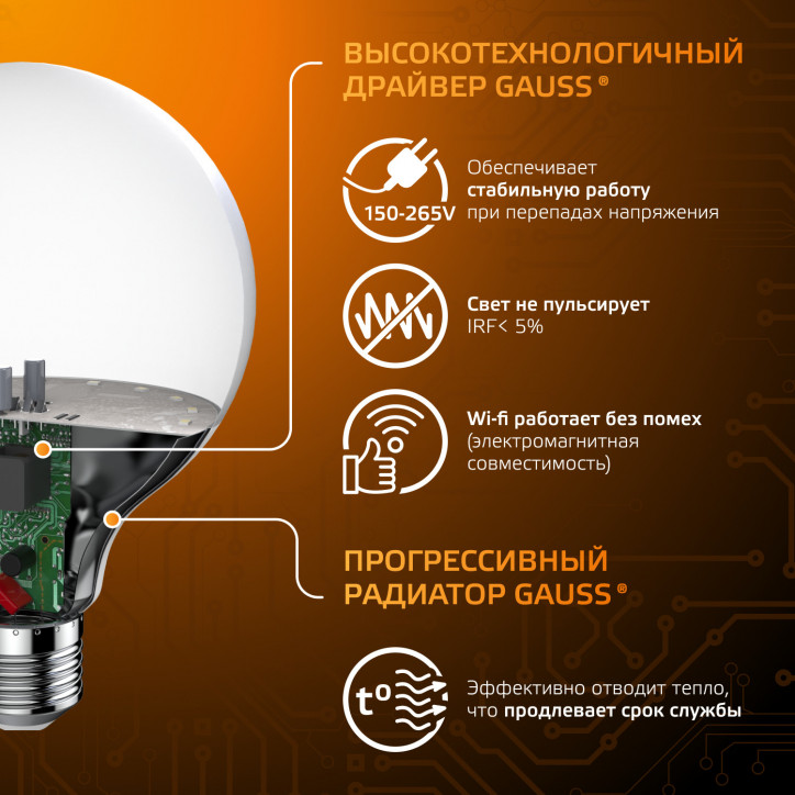 Лампа светодиодная LED 16 Вт 1480 лм 3000К шар G95 теплый E27 AC 220В Black Gauss Лампа светодиодная LED 16 Вт 1480 лм 3000К шар G95 теплый E27 AC 220В Black Gauss