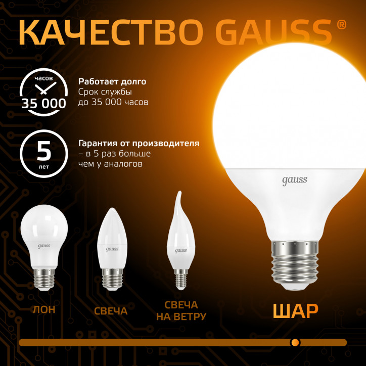 Лампа светодиодная LED 16 Вт 1480 лм 3000К шар G95 теплый E27 AC 220В Black Gauss Лампа светодиодная LED 16 Вт 1480 лм 3000К шар G95 теплый E27 AC 220В Black Gauss