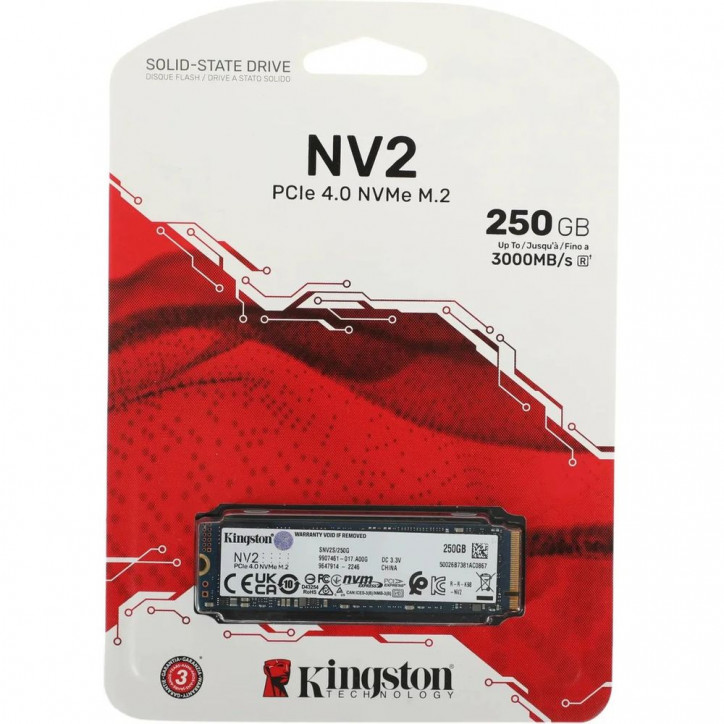 Накопитель SSD M.2 2280 250GB NV2, NVMe, 3D NAND TLC, 3000/1300 Мб/с