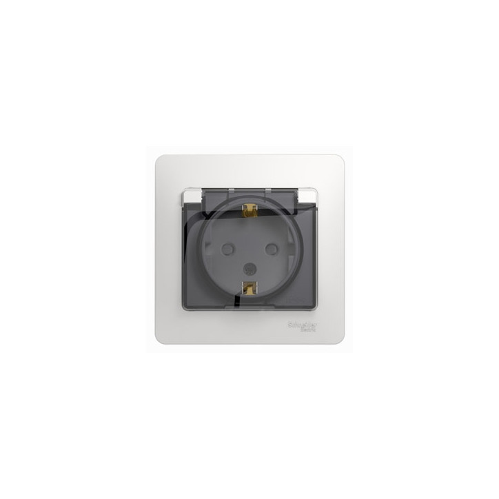 GLOSSA Розетка с заземлением со шторками с крышкой белая в сборе IP44