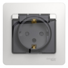 GLOSSA Розетка с заземлением со шторками с крышкой белая в сборе IP44