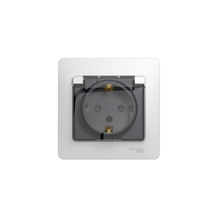 GLOSSA Розетка с заземлением со шторками с крышкой белая в сборе IP44