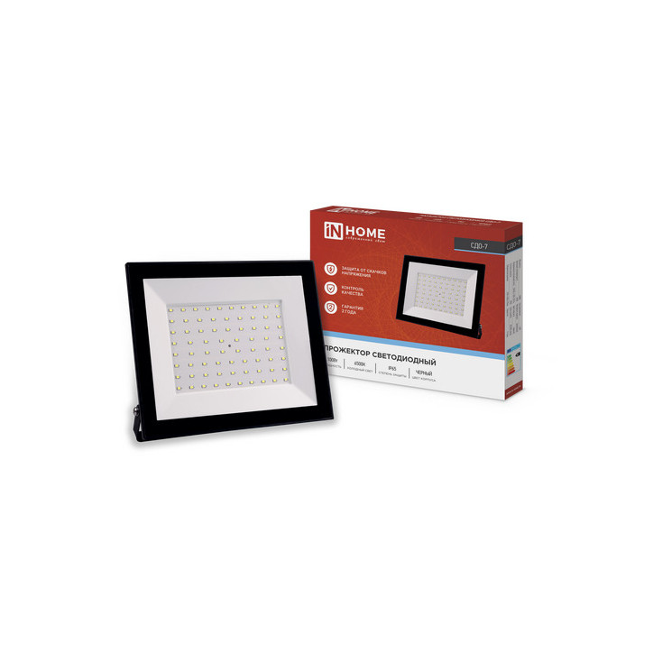 Прожектор светодиодный СДО-7 100Вт 6500К IP65 черный IN HOME Прожектор светодиодный СДО-7 100Вт 6500К IP65 черный IN HOME