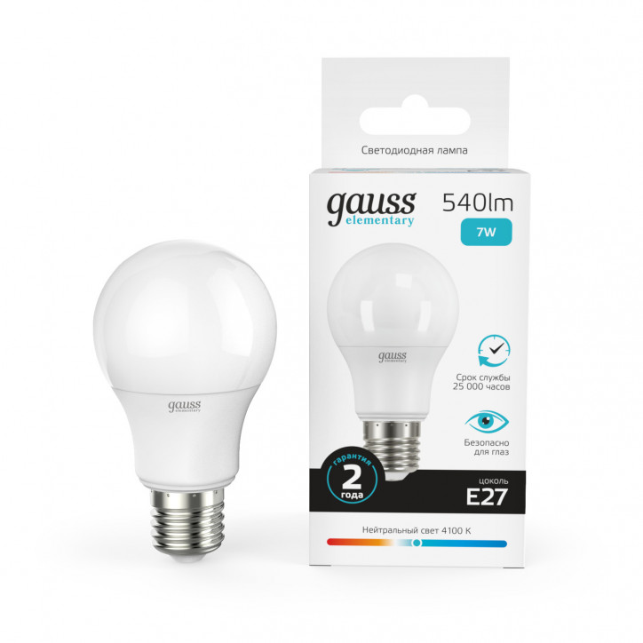 Лампа светодиодная LED 7 Вт 540 лм 4100К А60 груша нейтральный E27 AC 220В Elementary Gauss Лампа светодиодная LED 7 Вт 540 лм 4100К А60 груша нейтральный E27 AC 220В Elementary Gauss