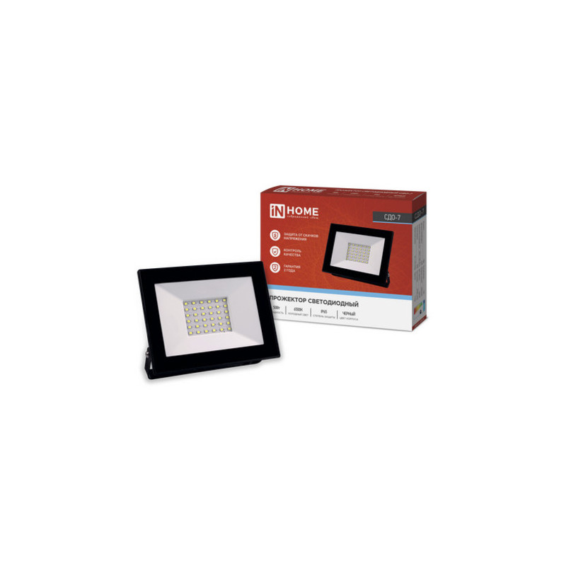Прожектор светодиодный СДО-7 50Вт 6500К IP65 черный IN HOME