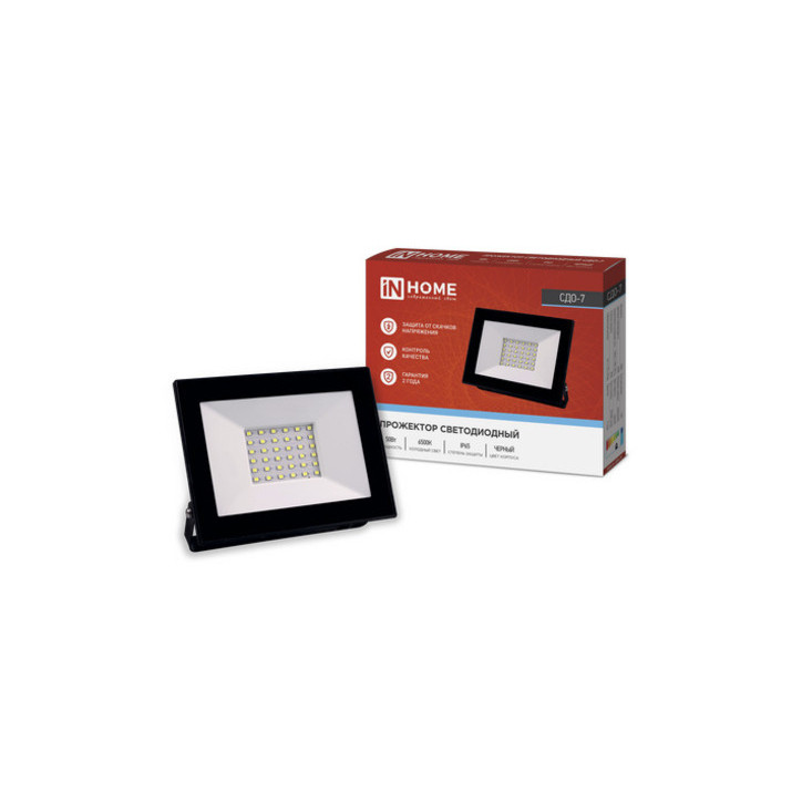 Прожектор светодиодный СДО-7 50Вт 6500К IP65 черный IN HOME Прожектор светодиодный СДО-7 50Вт 6500К IP65 черный IN HOME