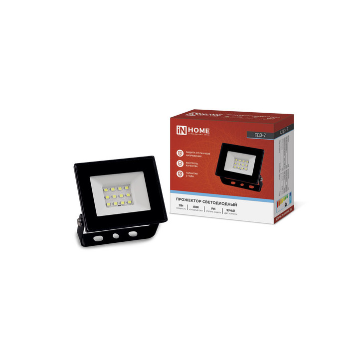 Прожектор светодиодный СДО-7 20Вт 6500К IP65 черный IN HOME