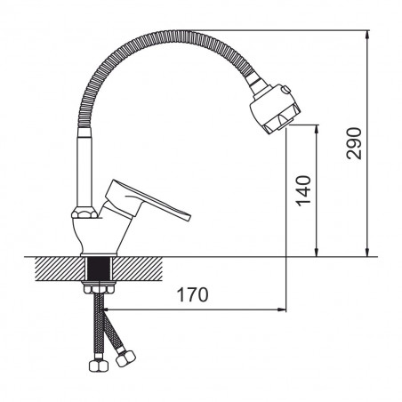 Смеситель для кухни шаровый с гибким регулирующим изливом двух-режимным аэратором гайка