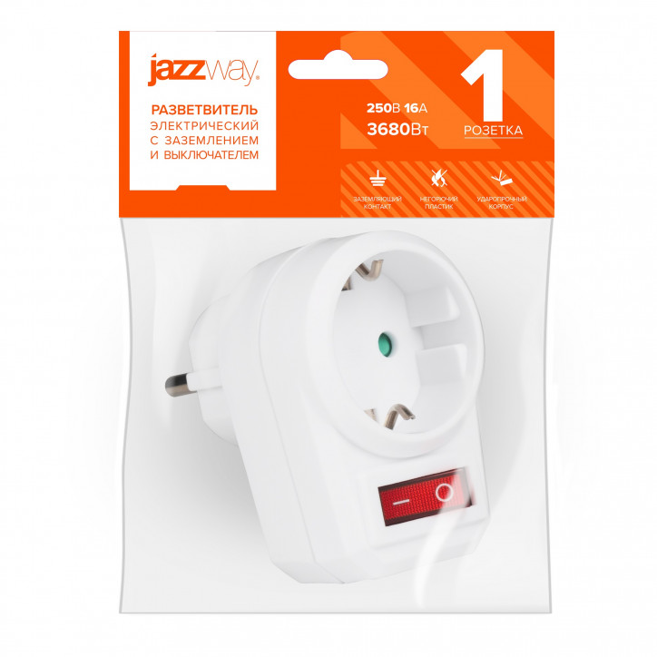 Переходник JAZZway AD-1GS с заземлением и выключателем