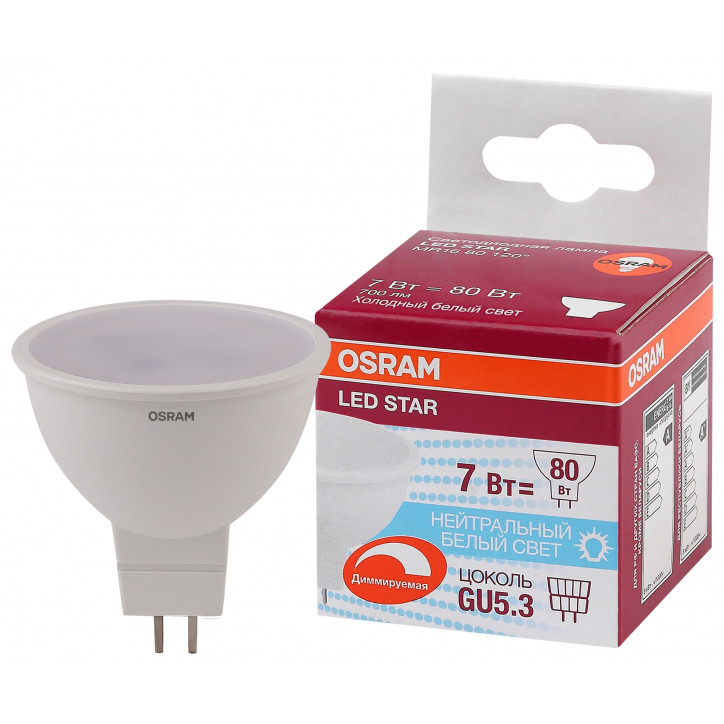 Лампа светодиодная LED 7Вт GU5.3 MR16 110 град. (замена 80Вт) белый, диммируемая OSRAM Лампа светодиодная LED 7Вт GU5.3 MR16 110 град. (замена 80Вт) белый, диммируемая OSRAM
