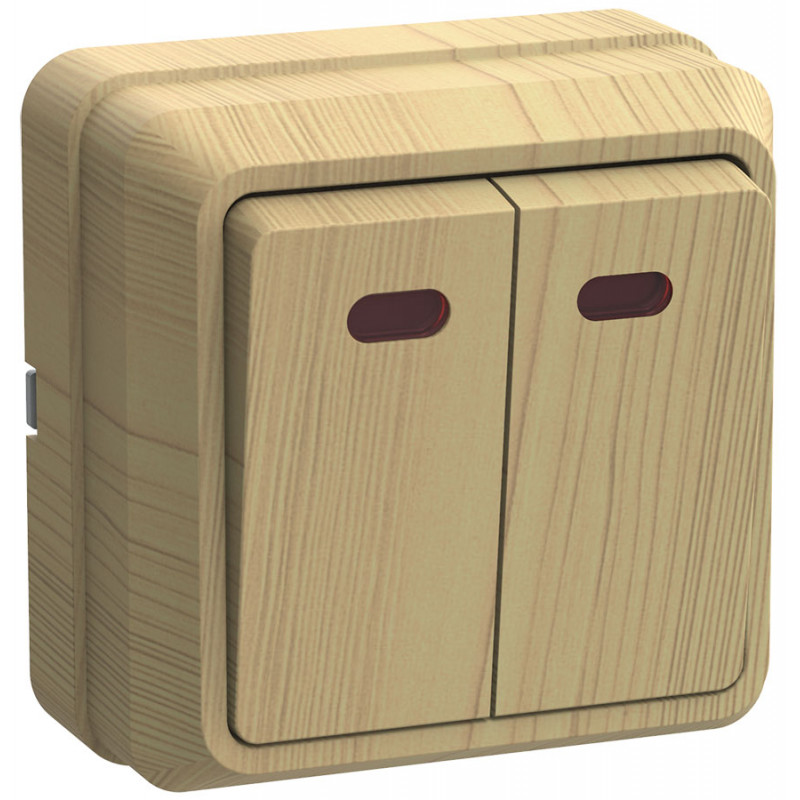 ОКТАВА Выключатель двухклавишный наружный сосна с индикацией 10А