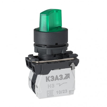 Переключатель КПЕ1110РЛ-220В-зеленый-1но+0нз-ручка-фикс-2поз-индикатор-IP40-КЭАЗ