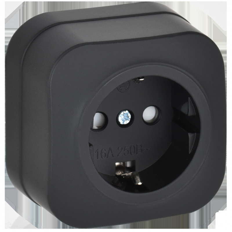 GLORY Розетка 1-местная для открытой установки с заземлением с защитными шторками 16А РСш20-3-ХЧм черный матовый IEK