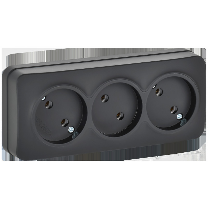 GLORY Розетка 3-местная для открытой установки без заземления без защитных шторок 10А РС23-2-ХЧм черный матовый IEK