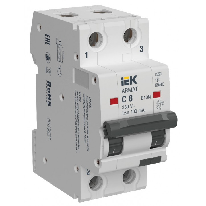 ARMAT Автоматический выключатель дифференциального тока B10N 2P C8 100мА тип A IEK