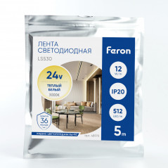 Лента светодиодная 512SMD(2110) 12Вт/м 24V 5000*10*1.8мм IP20 3000К, LS530 FERON