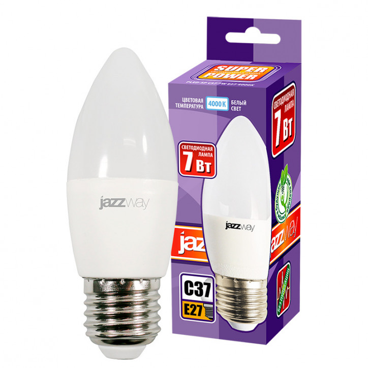 Лампа светодиодная LED 7w E27 4000K свеча 230/50 Jazzway Лампа светодиодная LED 7w E27 4000K свеча 230/50 Jazzway