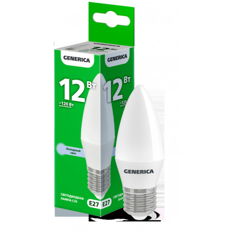 Лампа светодиодная C35 свеча 12Вт 230В 6500К E27 GENERICA