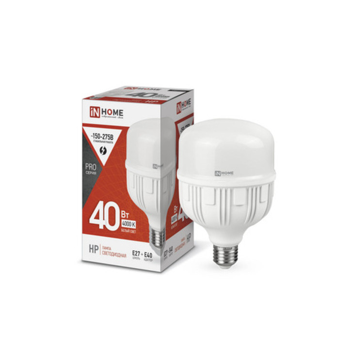 Лампа светодиодная LED-HP-PRO 40Вт 230В Е27 с адаптером E40 4000К 3800Лм IN HOME Лампа светодиодная LED-HP-PRO 40Вт 230В Е27 с адаптером E40 4000К 3800Лм IN HOME