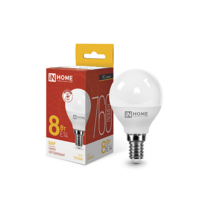 Лампа светодиодная LED-ШАР-VC 8Вт 230В Е14 3000К 760Лм IN HOME Лампа светодиодная LED-ШАР-VC 8Вт 230В Е14 3000К 760Лм IN HOME