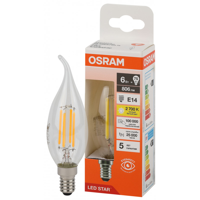 Лампа светодиодная филаментная LED Star Свеча на етру 6Вт (замена 75Вт), 750Лм, 2700К, цоколь E14 OSRAM