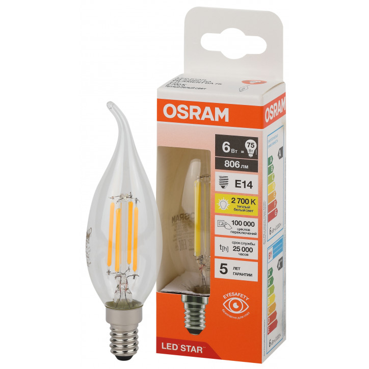 Лампа светодиодная филаментная LED Star Свеча на етру 6Вт (замена 75Вт), 750Лм, 2700К, цоколь E14 OSRAM Лампа светодиодная филаментная LED Star Свеча на етру 6Вт (замена 75Вт), 750Лм, 2700К, цоколь E14 OSRAM