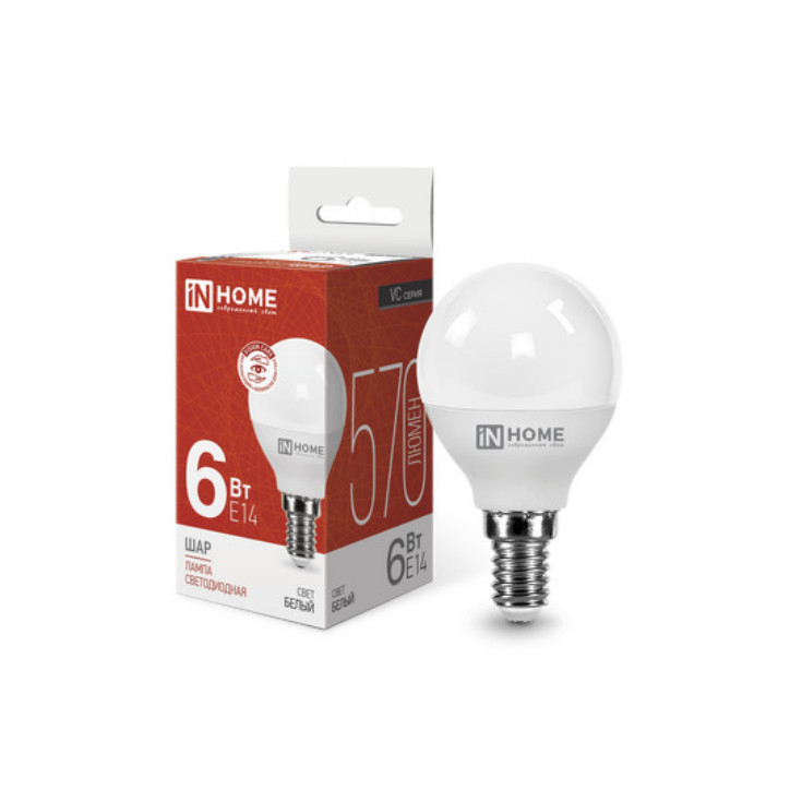 Лампа светодиодная LED-ШАР-VC 6Вт 230В Е14 4000К 570Лм IN HOME Лампа светодиодная LED-ШАР-VC 6Вт 230В Е14 4000К 570Лм IN HOME