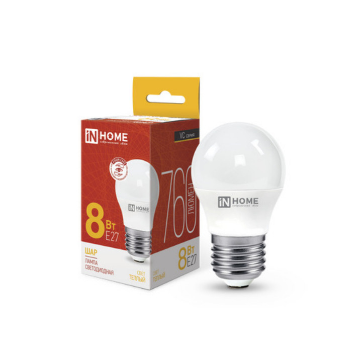 Лампа светодиодная LED-ШАР-VC 8Вт 230В Е27 3000К 760Лм IN HOME Лампа светодиодная LED-ШАР-VC 8Вт 230В Е27 3000К 760Лм IN HOME