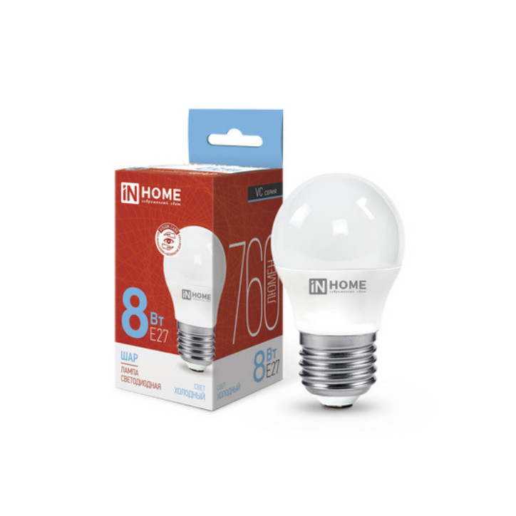 Лампа светодиодная LED-ШАР-VC 8Вт 230В Е27 6500К 760Лм IN HOME Лампа светодиодная LED-ШАР-VC 8Вт 230В Е27 6500К 760Лм IN HOME