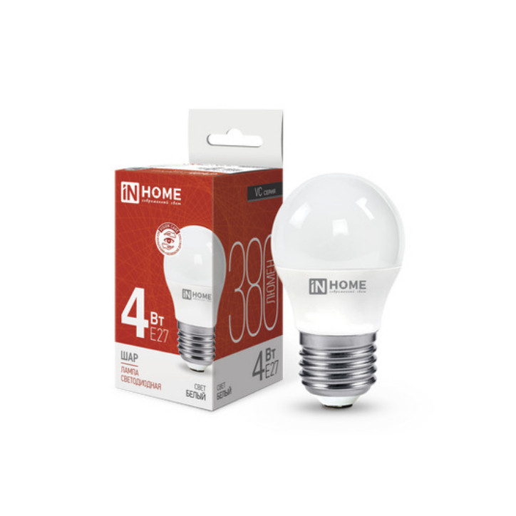 Лампа светодиодная LED-ШАР-VC 4Вт 230В Е27 4000К 380Лм IN HOME Лампа светодиодная LED-ШАР-VC 4Вт 230В Е27 4000К 380Лм IN HOME