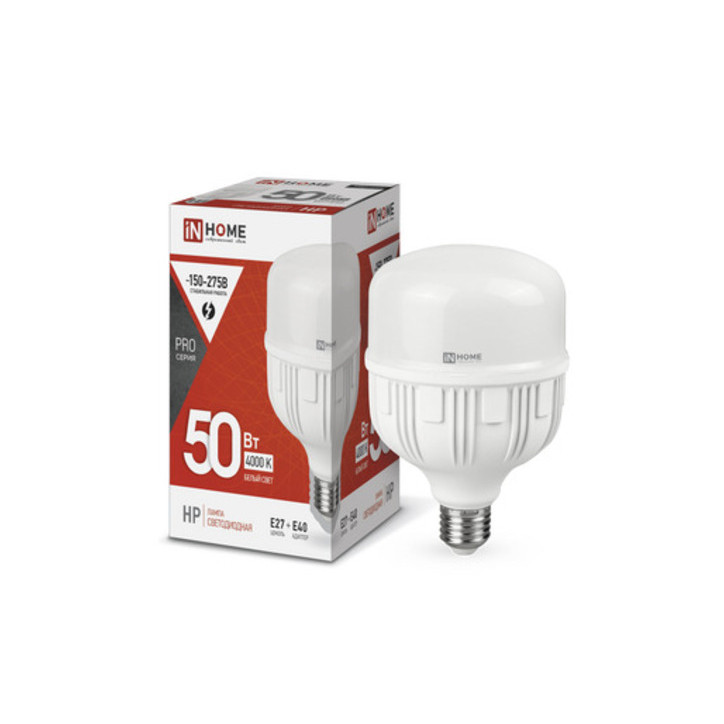 Лампа светодиодная LED-HP-PRO 50Вт 230В Е27 с адаптером E40 4000К 4750Лм IN HOME Лампа светодиодная LED-HP-PRO 50Вт 230В Е27 с адаптером E40 4000К 4750Лм IN HOME